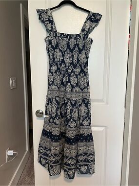 MELISSA NEPTON Navy and White Printed Midi Dress